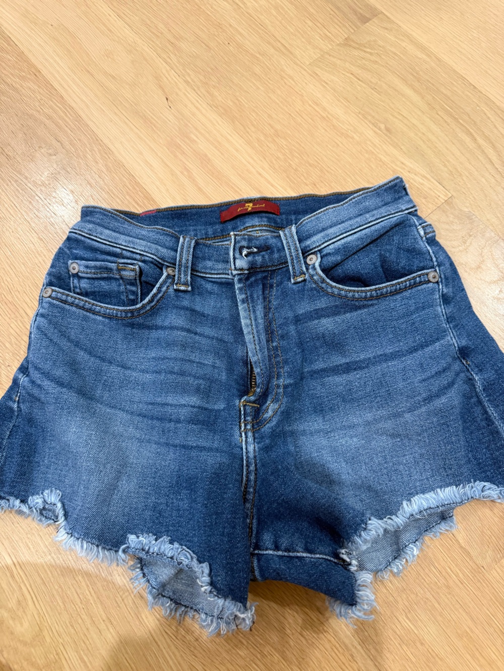 7 For All Mankind Blue Distressed Denim Shorts